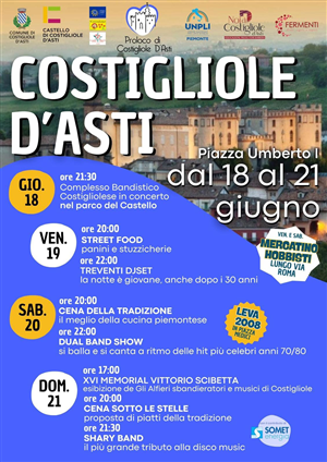 Festa a Costigliole d'Asti dal 18 al 21 giugno: quattro giorni tra musica, tradizione e street food