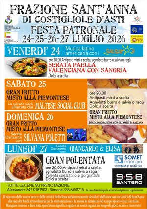 Frazione Sant’Anna di Costigliole d’Asti in festa: quattro giorni tra specialità gastronomiche, musica dal vivo e solidarietà